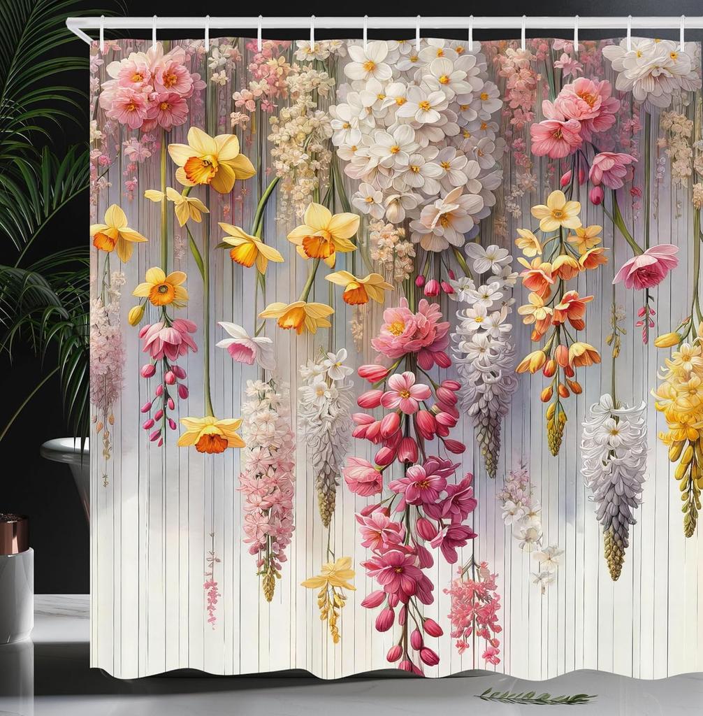 Hippie Shower Curtain, Daisy Look Flowers on Abstract Groovy Style Waves Retro 60s 70s Vibes, Cloth Fabric Bathroom Decor Set