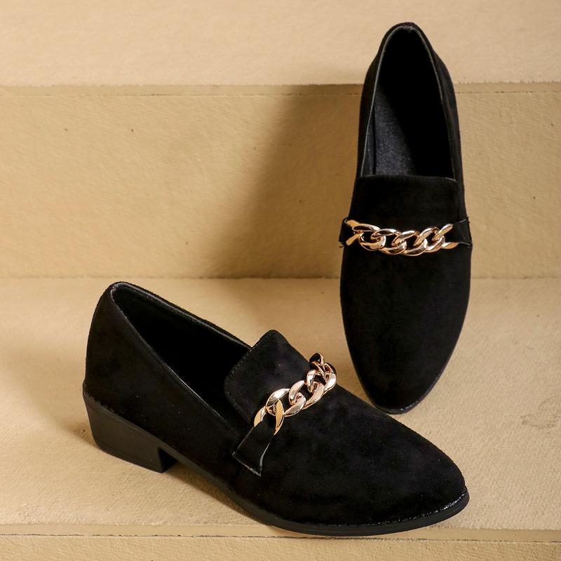Suede Block Heel Loafer Women's Autumn Round Toe Metal Chain Soft Sole Non-Slip Low Top Single