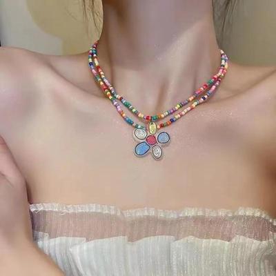Dubbellaagse Kleurrijke Kralen Bloemen Hanger Ketting Voor Meisjes Vrouwen Handgemaakte Kralen Choker Boheemse Ketting Sieraden Cadeau