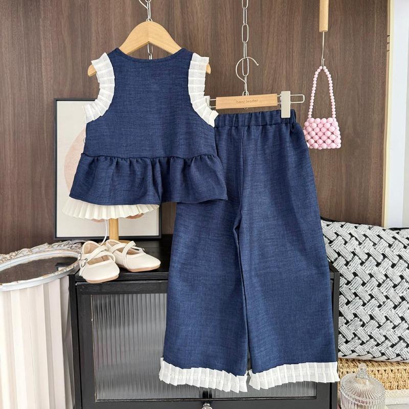 Korean Kids Clothes Girls Blue Imitation Denim Suit Summer Sleeveless Pants Two Piece Set
