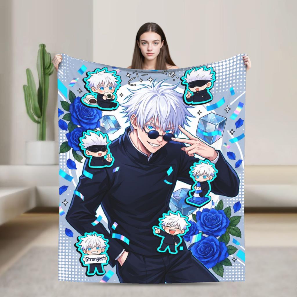 Warm Soft Blankets Camping Jujutsu Kaisen Gojo Satoru Chibi Character Bedding Throws Flannel Bedspread For Couch Bed Bed Cover