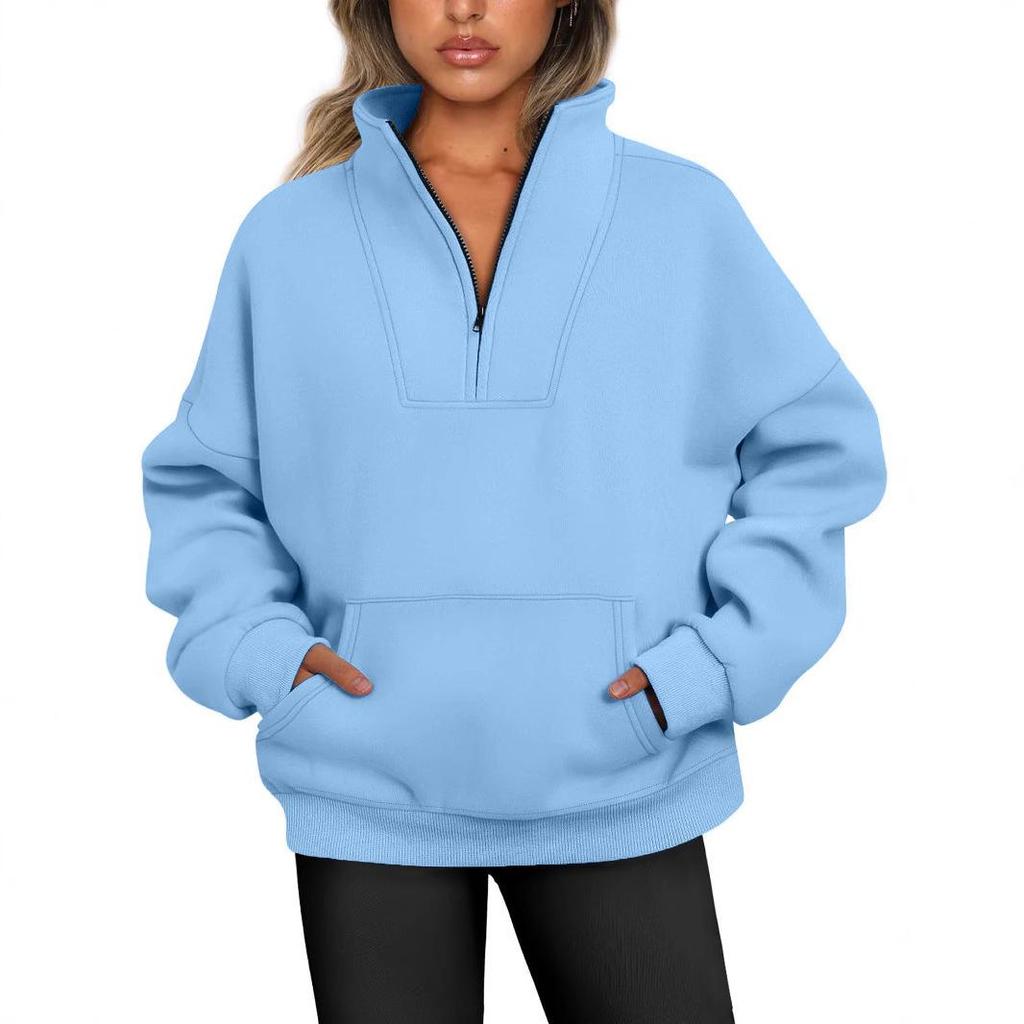 2026 Women's Stand Collar Fleece Hoodie with Pockets, Autumn-Winter Casual Loose Fit, Solid Color Ribbed Top.