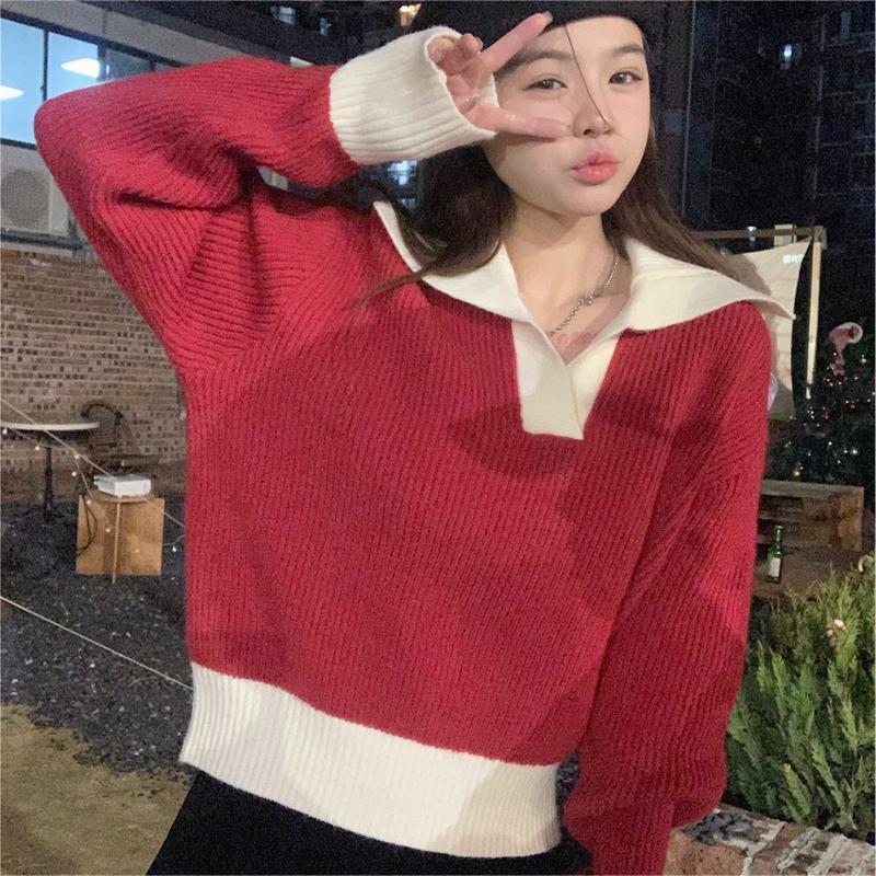 Autumn polo collar retro red sweater jacket women s loose high-end outerwear knitted sweater one size fits all