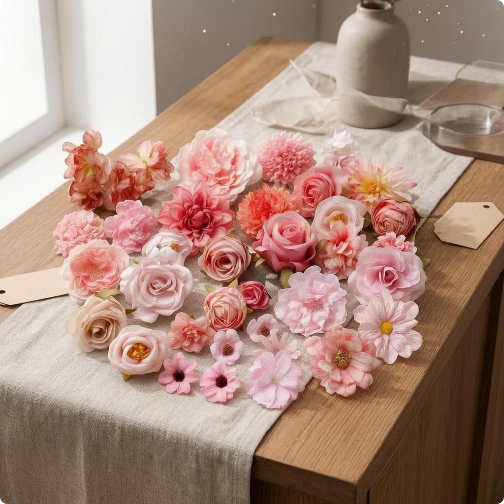 50 Pieces Artificial Flower Heads Mixed Sizes Decorative MultiStyle for Shop Display,