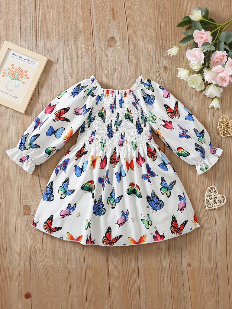 Mädchenkleid Sommer Schmetterlingsdruck A-Linien-Kleid für Kinder Mode Süßes Mädchenkleid Schmetterlingsdruck Langarm Gummizug in der Taille
