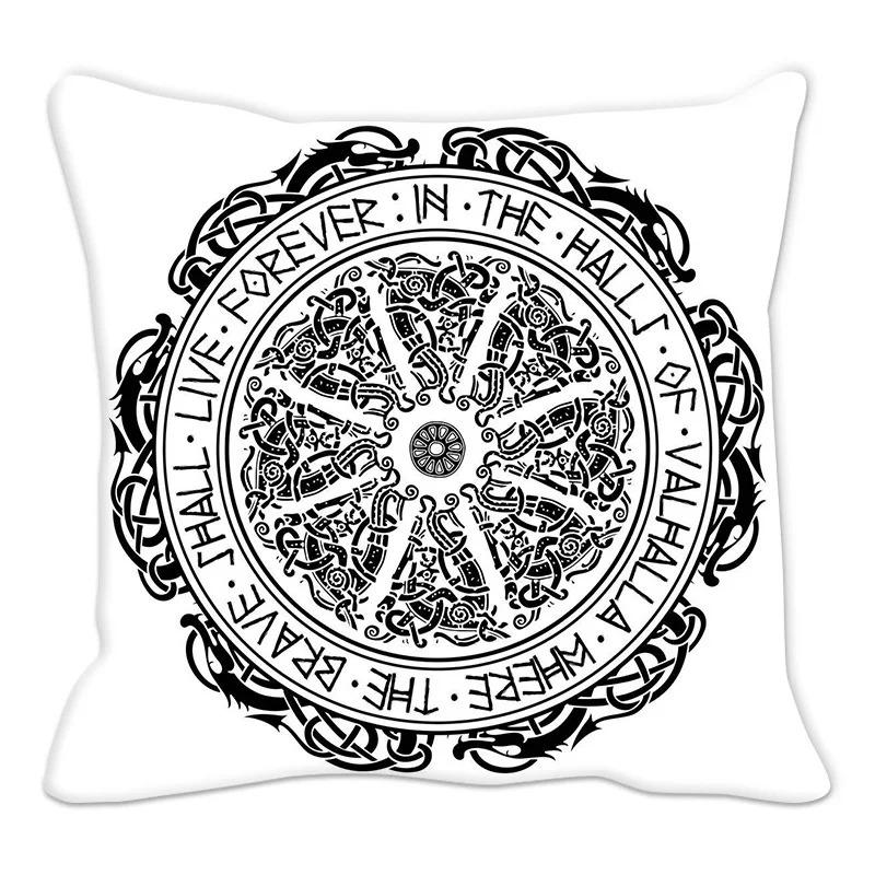 Viking Runes Compass Cushion Cover Peach Skin Norse Mythology Throw Pillowcase Black Celtic Knot Sofa Living Room Home Decor