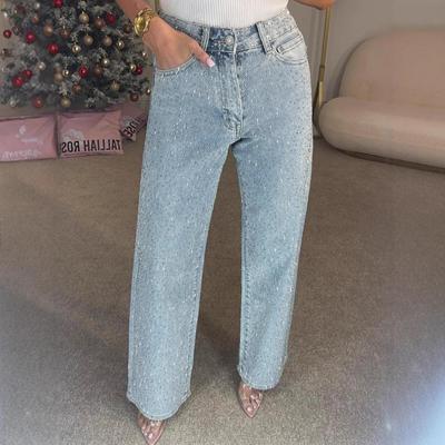 Women's Full Diamond Washed High-Waisted Straight-Leg Denim Pants