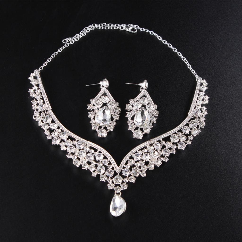 3PC Wedding Season Women's Fashion Full Zircon Water Drop Necklace Earrings Zircon Set Wedding Banquet Party Holiday Gift