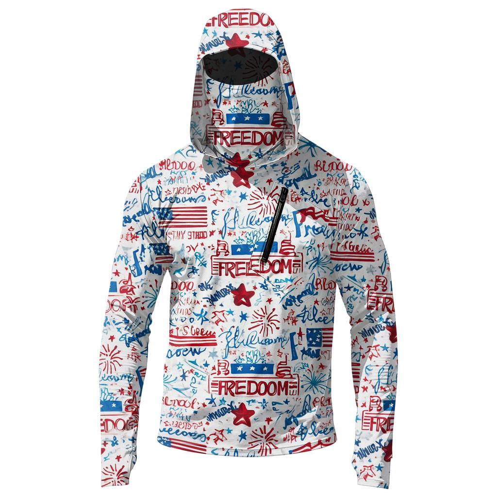 Men’s Casual Hooded Long Sleeve Sun Protection Top with Independence Day Print Lightweight Pullover for Outdoor Activities