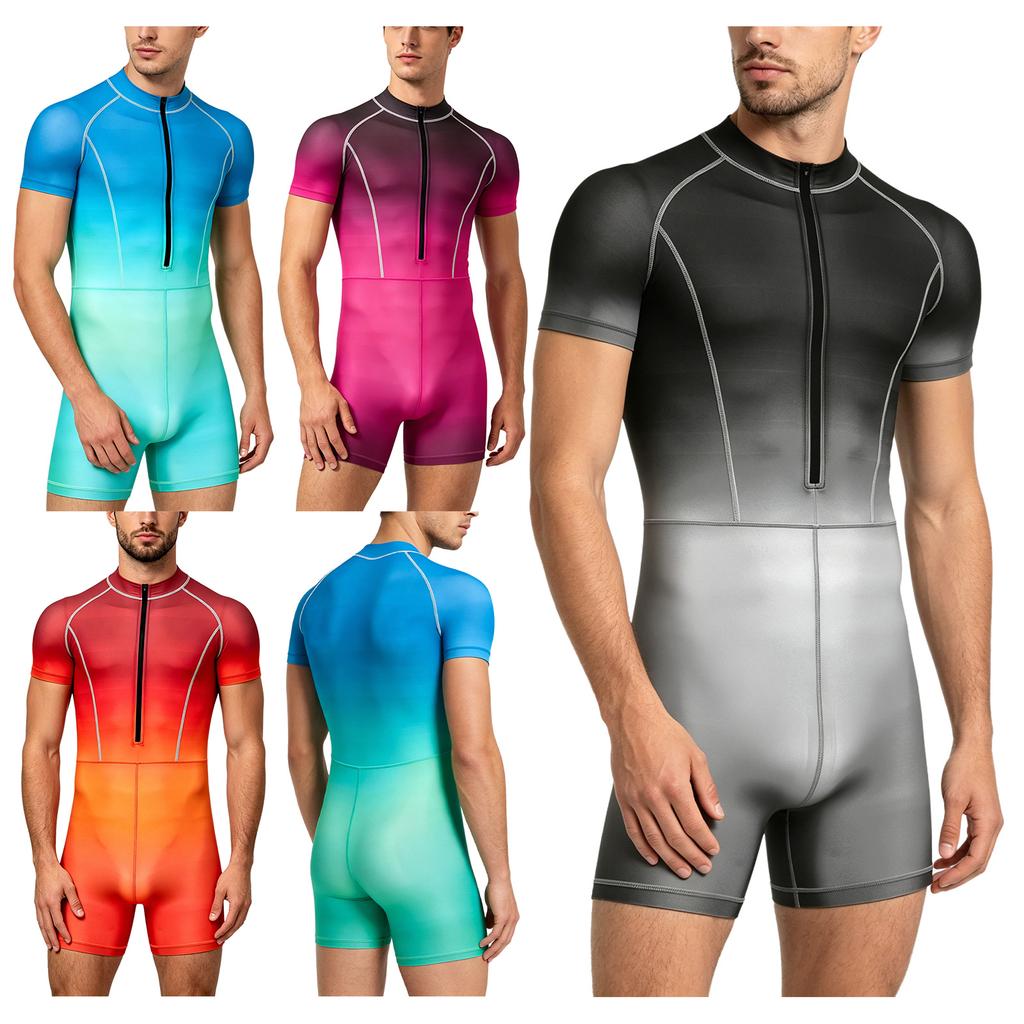 S-3XL Costume da Bagno Intero Uomo Gradiente Manica Corta Cerniera Frontale Pantaloncini Rash Guard Tuta da Bagno per Surf Immersione Allenamento in Piscina