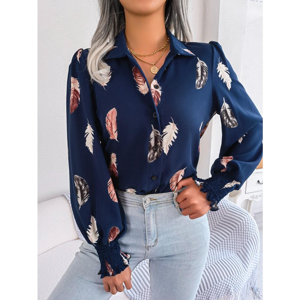 Women Casual Feather Print Turn Down Collar Long Sleeve Shirt White Pink Blue for Autumn Woman Clothing