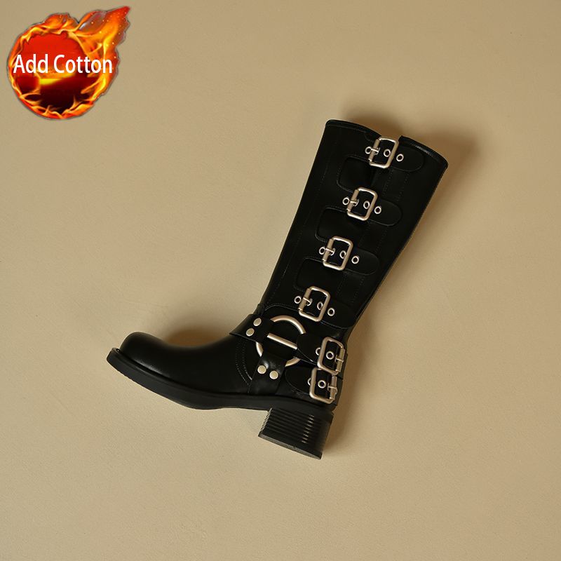 Fashion Square Toe Middle Heel Leather Women's Long Boots Autumn Winter Fleece-Lined Ladies Knee High Shaft Shoes Y2k Goth Footwear Sale
