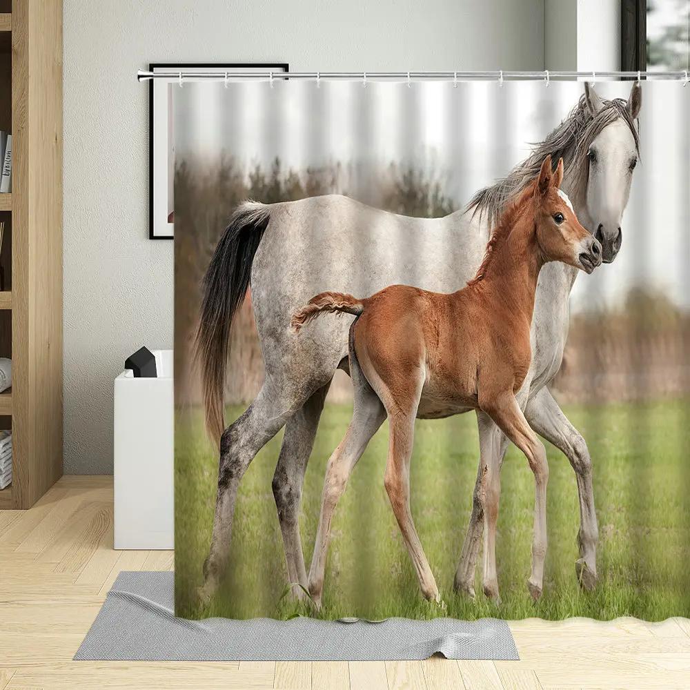 Grassland Animal Horse Shower Curtain Black White Horses Running Snowfield Horse Group Competition Bathroom Decor Curtains Hooks