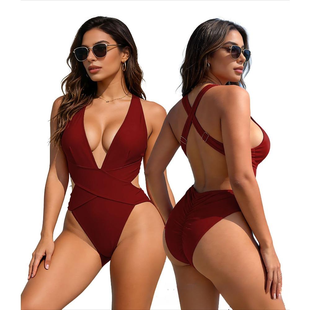 New One-piece Swimsuit Splicing Bikini European and American Swimsuit Women's Cross Swimsuit Color Matching Bikini64