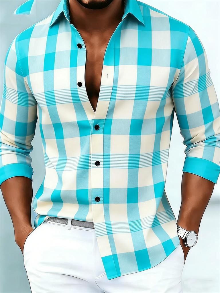 Herrenhemd mit Streifen-Karomuster, Kragen, Langarm, Slim Fit, Lässig, Knopfleiste, Tägliches Oberteil