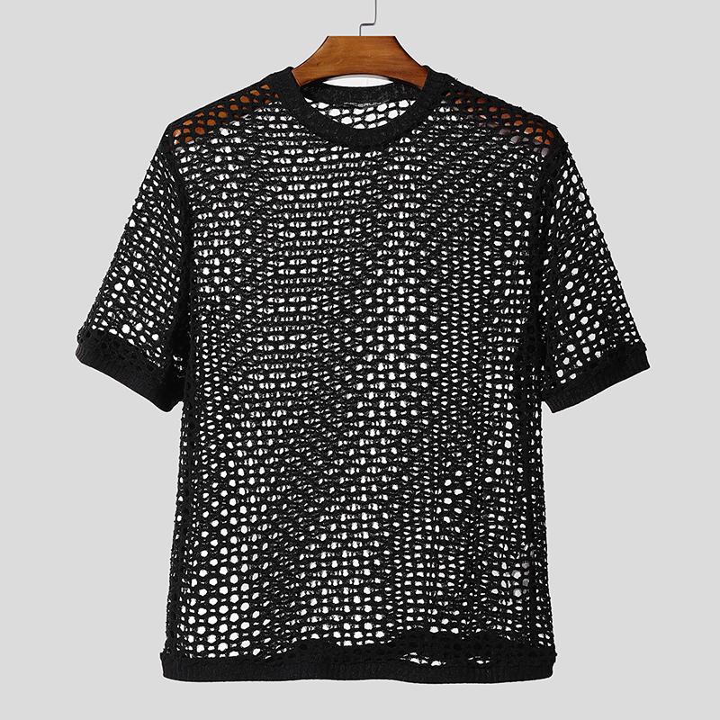 

INCERUN Men Short Sleeve Hollow See Through Beach Casual T-shirts Tops 3XL чёрный