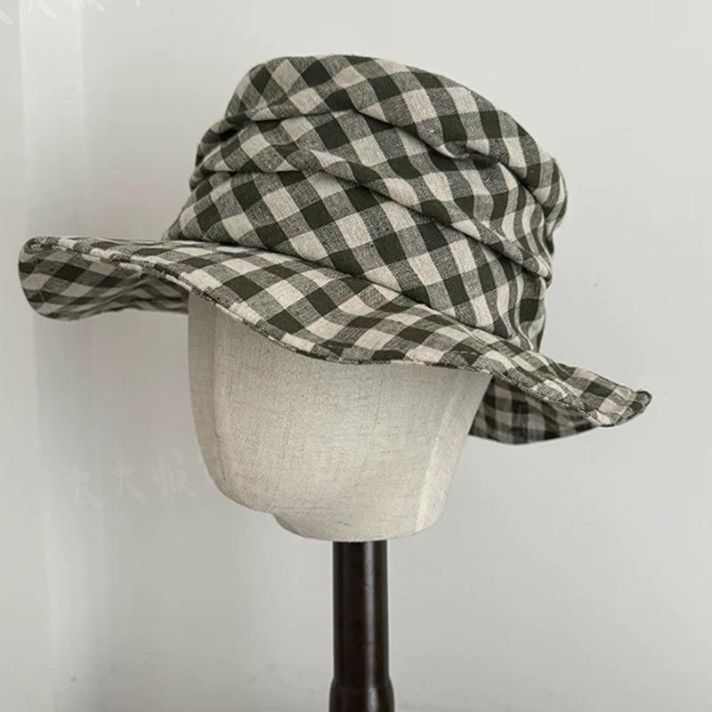 Japanese Wind Striped Pleated Bucket Hat Spring Summer Design Sense Niche Plaid Cotton Linen Breathable Sunscreen Basin Sun Hat