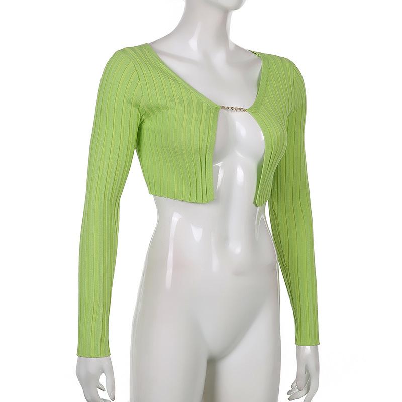 Knitted Cropped Sweaters Women Chain V Neck Long Sleeve Cardigan Tops Pullovers Oversized Clothes Solid S-L