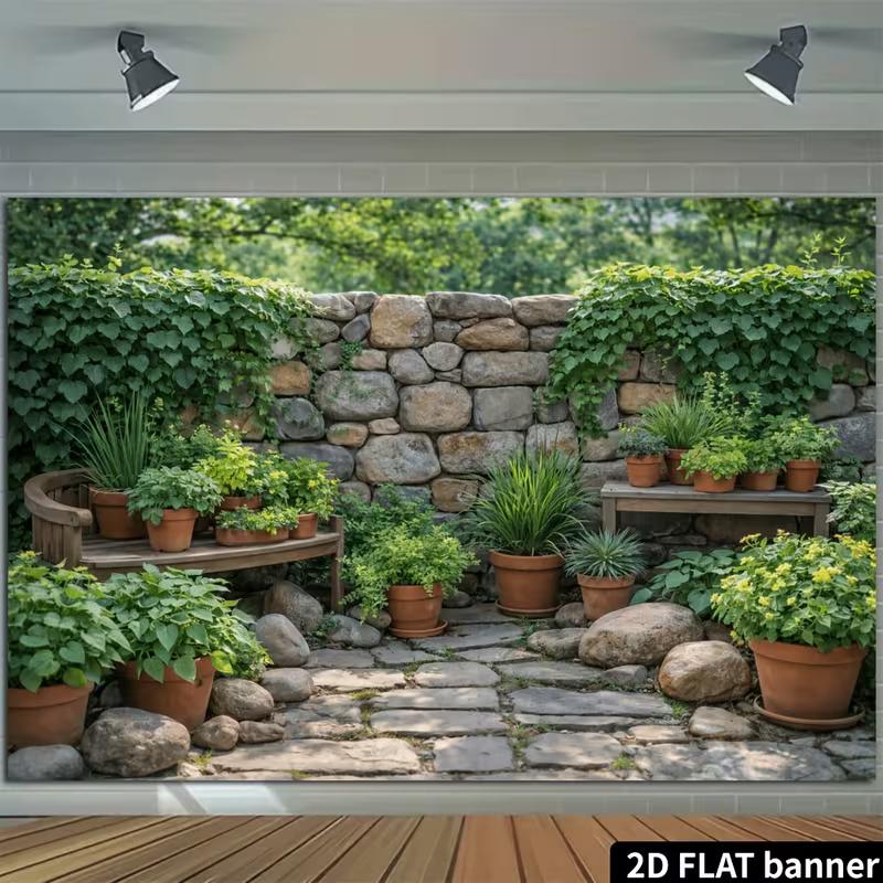 2D Stone Wall Courtyard Photography Background for Outdoor Decor