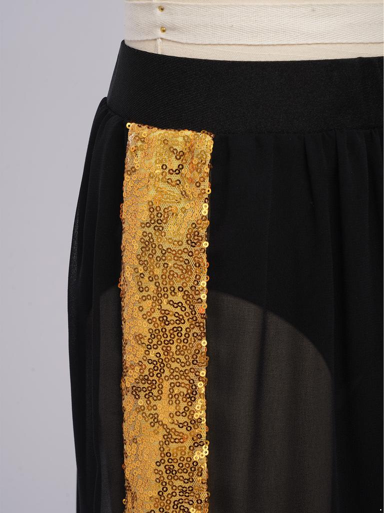 Wedstrijddansbroeken voor meisjes: Elastische Taille Pailletten Patchwork Chiffon Wijde Pijpen Broek voor Lyrische Optredens