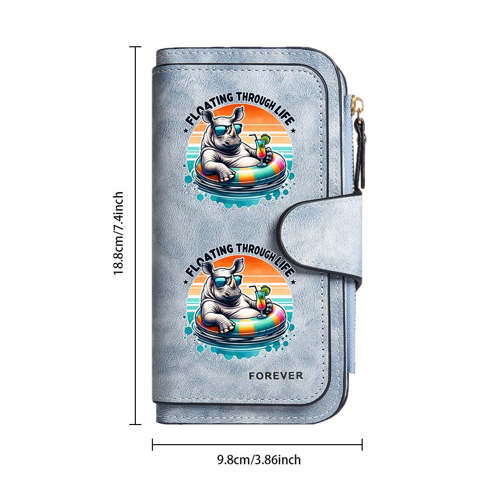 Cute Rhino Print Leather Wallet Fashion Casual Card Holder Long Purse for Women Portable Daily Money Bag