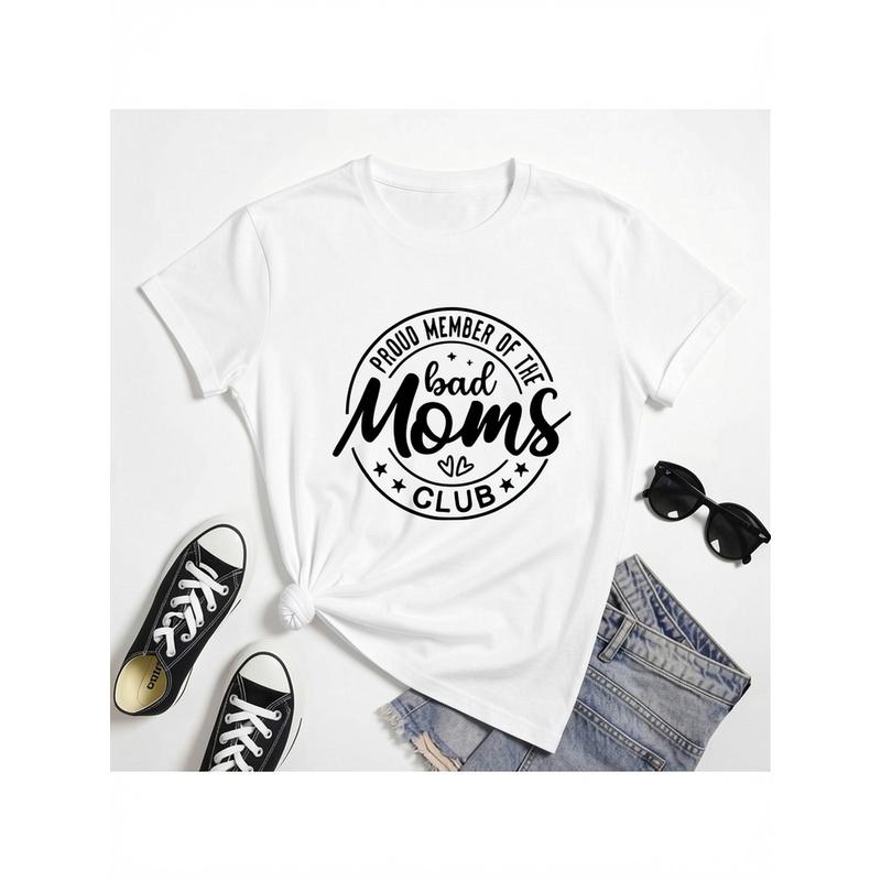 Proud Member Of The Bad Moms Club T-Shirt | Fashion Women Crewneck Short Sleeve Tshirt, Sarcastic Mother'S Day Gift Tee, Geometric Pattern, Casual