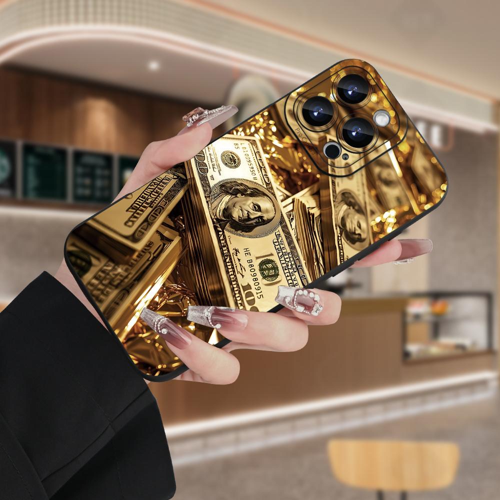 Gold US Dollar Banknote Print Design Phone Case For iPhone 16 15 14 13 12 11 Pro Max X XS XR 15 Plus 16e Silicone Soft Cover