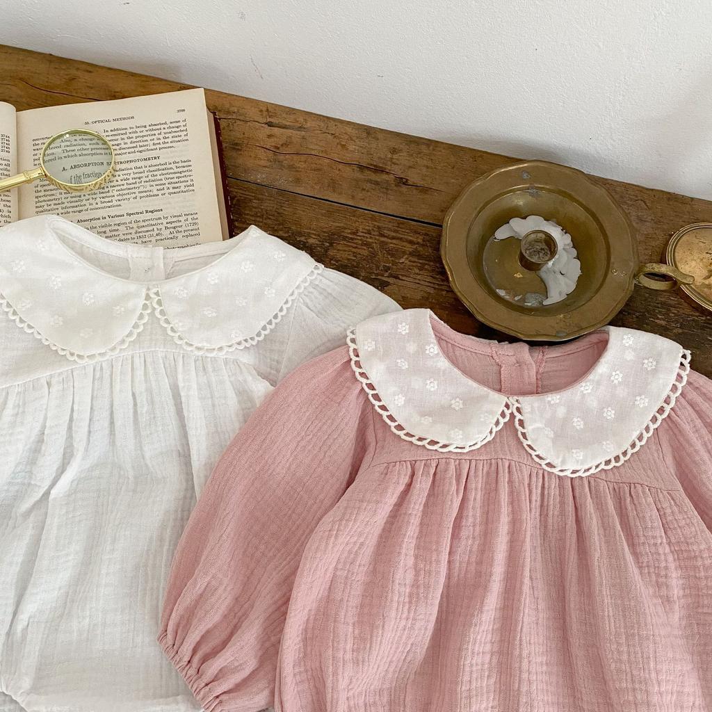 Baby Girl Solid Long Sleeve Romper with Peter Pan Collar for Spring Autumn