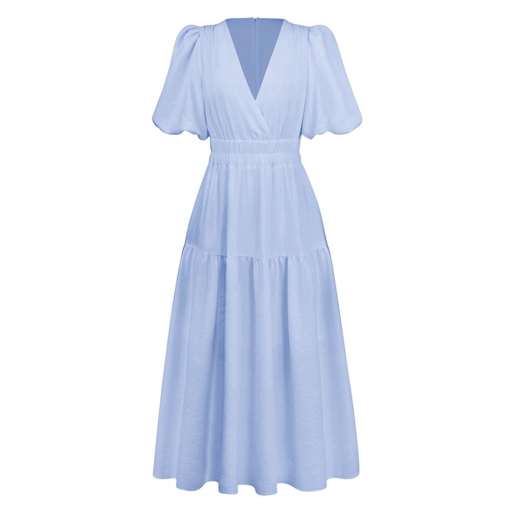 Summer Elegant Deep V Bubble Sleeve Maxi Dress With Pleated Fabric For Women