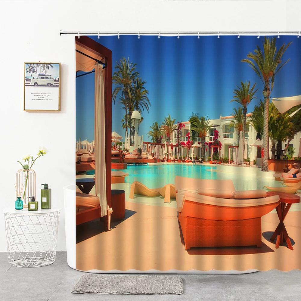 Swimming Pool Pattern Shower Curtain Exotic Ocean Bathroom Curtains Polyester Bathtub Screens Home Decoration with Hook