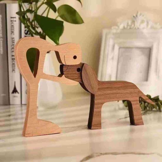 Dog Wooden Sculpture Pet Memorial Gift Dog And Man Woman Statue Home Decor Puppy