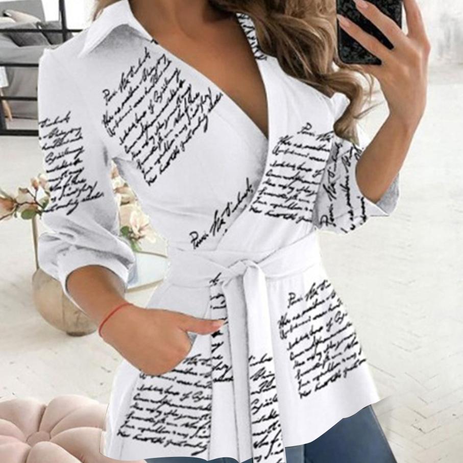 Women's shirt tops autumn new casual style printed long-sleeved V-neck belt shirt