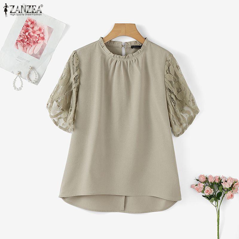 ZANZEA Women Casual Round Neck Loose Splice Short Sleeve Blouse