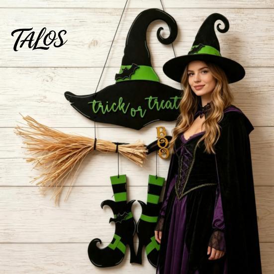 Rustic Halloween Sign Witch Hat Boot Sign, Hanging Trick or Treat Wall Decoration Decor for Home Room, Wooden Front Door Hanger Holiday Party, Or