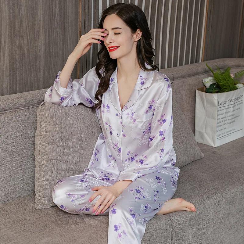 Silk Women's Pajamas Set 100% Mulberry Silk Spring and Autumn Long-sleeved Silk Women's Home Wear Pajamas