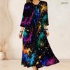 Women Plus Size Two Piece Dress Set Three Quarter Sleeve Printed Cropped Cardigan Sleeveless Long Dress With Pockets