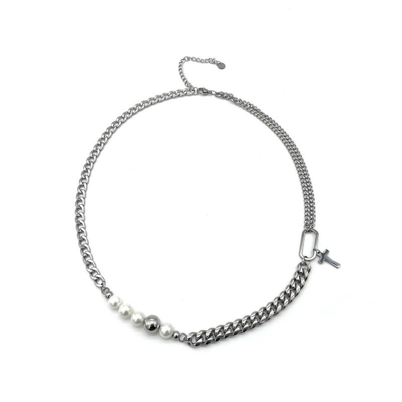 Modern Geometric Stainless Steel Necklace With Pearl Splicing For Casual Street Fashion Accessory