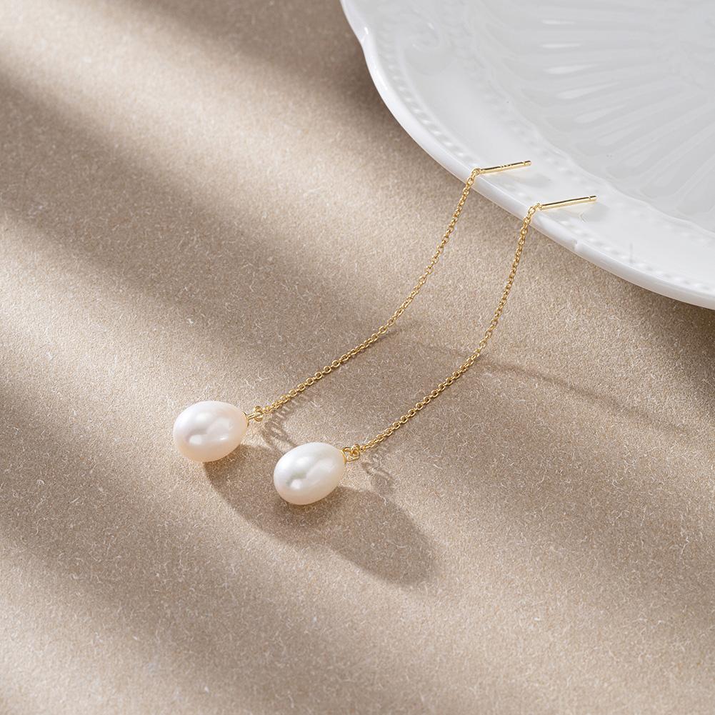RINNTIN GPE75 S925 Sterling Silver Long Chain Tassel Drop Earrings for Women Freshwater Pearl Dangle Studs Earrings