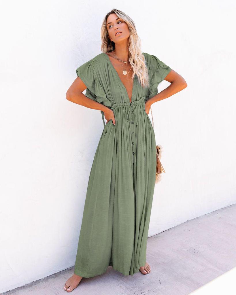Bamboo Cloth Button Drawstring Long Skirt & Sun Protection Shirt Cover-up (4 Colors)