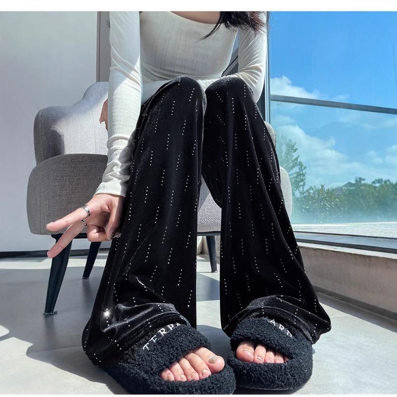 Spring and Autumn Hot Diamond Velvet Casual Pants Black High Waist Drawstring Loose Straight Pants Meteor Shower Diamond Lazy Mopping Pants