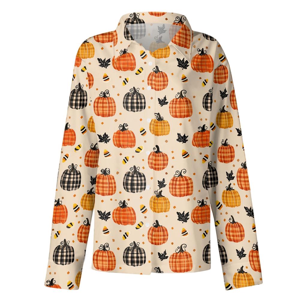 Women's Long Sleeve Button Down Shirt Casual Regular Fit Collared Top with Halloween Pumpkin Print Pattern for Seasonal Wear