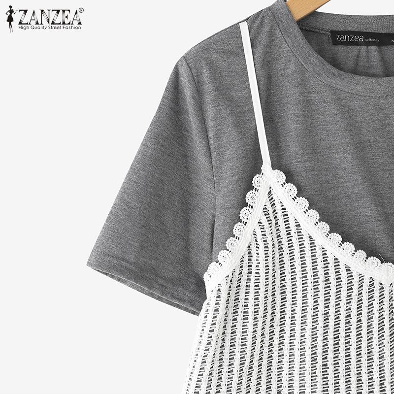 ZANZEA Womens Casual Patchwork Lace Crochet Summer Short Sleeve T-shirts
