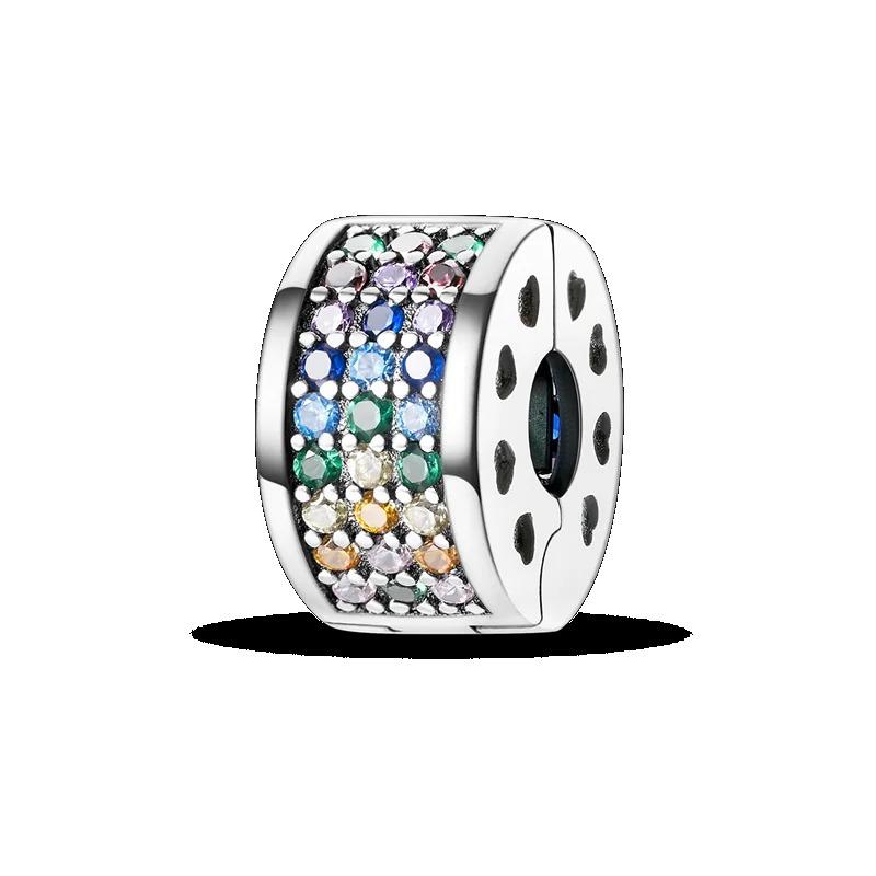 Silver Clasp 925 Silver CZ Pave Clip Charms Daisy Beads Stopper Safety Chain Fit Original Bangle Bracelet Jewelry Clip