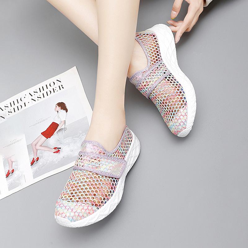 Fashion Pink Lightweight Casual Shoes Soft Sole Women Sneakers Mesh Breathable Slip On Loafers Big Size 42 Casual Shoe Flats Hollow out