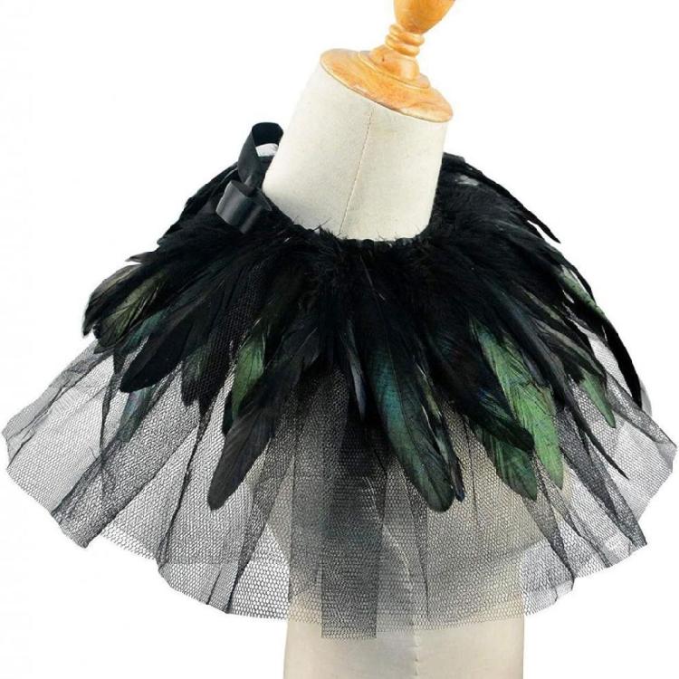 Women's Feather Double Layer Mesh Shrug Capes Shawl False Collar Witch Cosplay Costumes for Halloween Carnivals Party