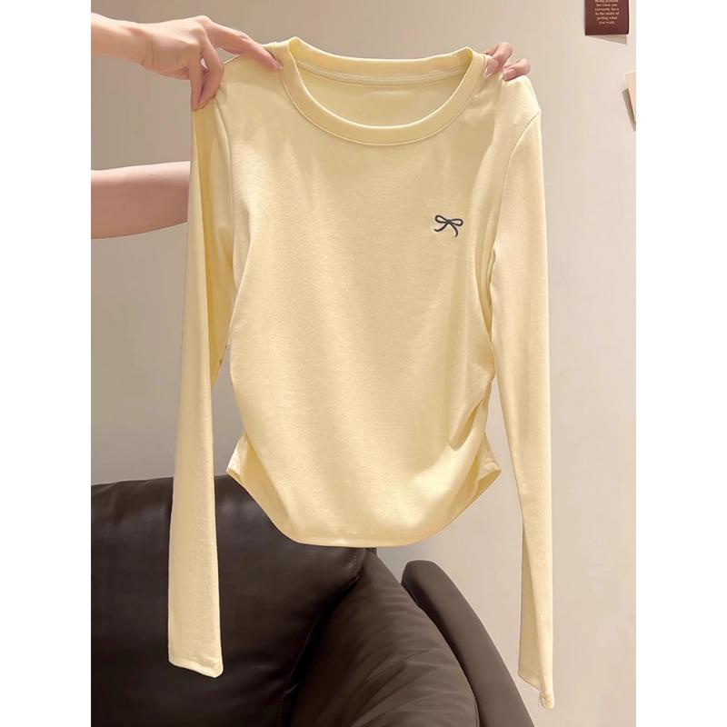 Autumn Winter Solid Irregular Folds Waist All-match Bottomed Tee Women Long Sleeve Casual Pullover T-shirt Top