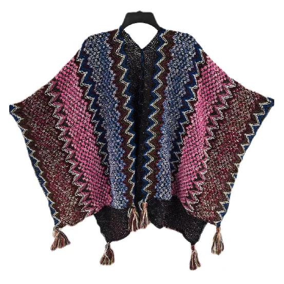 Shawl Wraps for Women Boho Knit Poncho Ladies Rainbow Casual Loose Striped Fringe Blanket Scarf