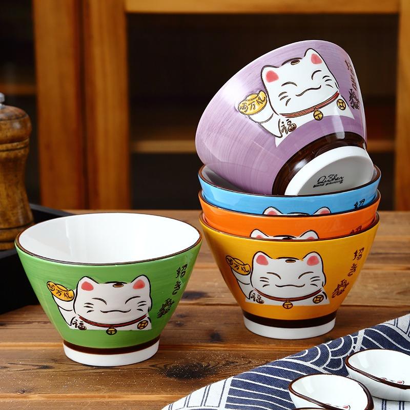 Japanese Ceramic High Bowl Multi-Sized Colorful Lucky Cat Soup Bowl Salad Bowl Underglaze Children Kitchen Household Tableware