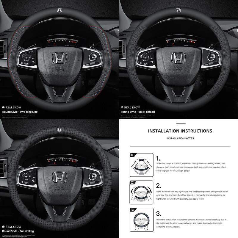 Leather Car Steering Wheel Cover Anti Slip Rubber Inner Ring For Honda Civic Fit Jazz Accord Pilot CRV Odyssey Passport City HRV