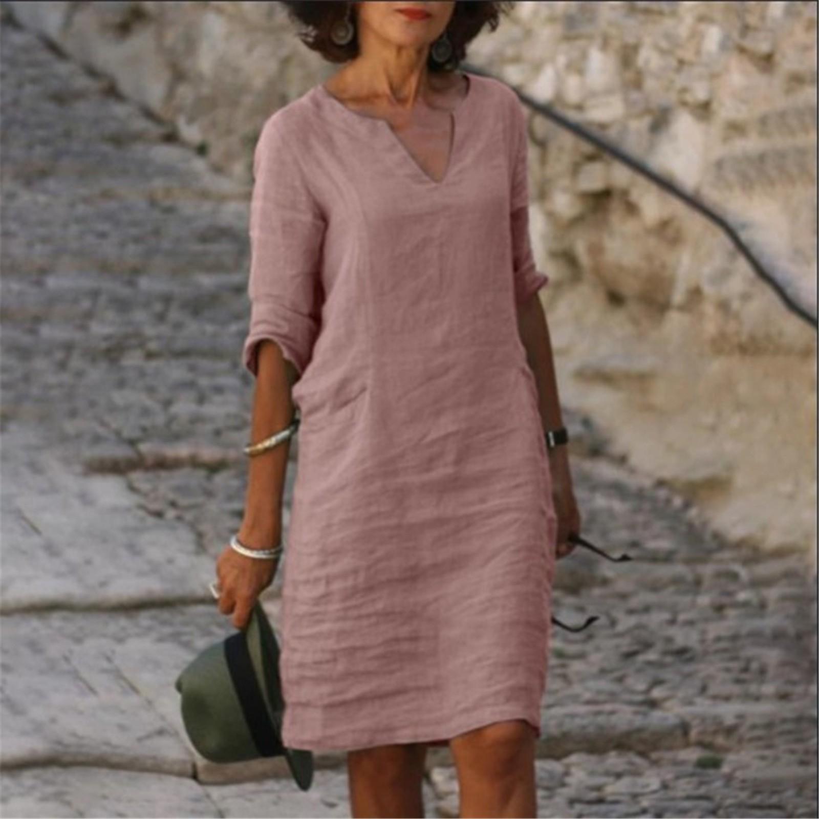 Damen Sommer Mode Retro V-Ausschnitt Seitentasche Farbe Kurzarm Kleid S rosa